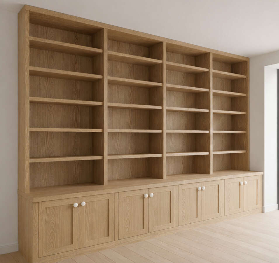 Bookcase in Oak with fixed shelving and storage